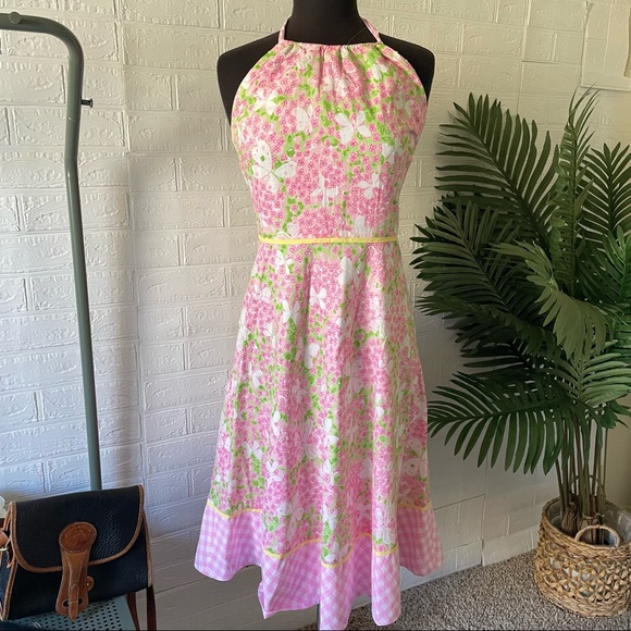 Lilly Pulitzer Dresses & Skirts - Lilly Pulitzer Womens Halter Dress Pink Gossip 8 Butterfly Floral Gingham Trim